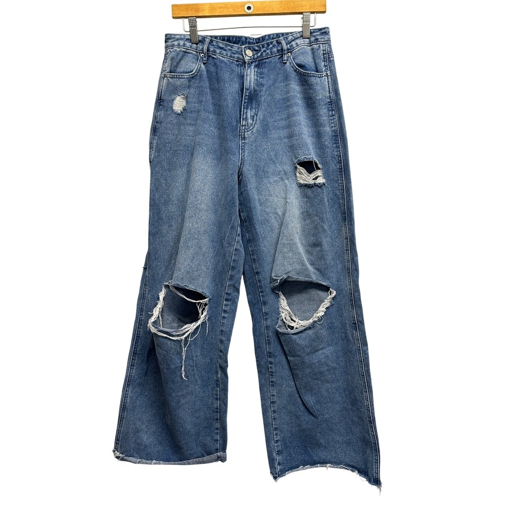 Womens Distressed Wide Leg Jeans Blue Wash Ripped Raw Hem Casual